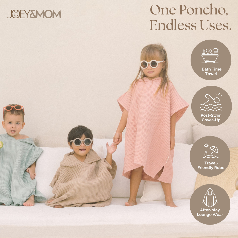 Kids Hooded Poncho Towel Waffle Cotton | Baby &amp; Toddler Bath, Pool &amp; Beach Towel - JOEY &amp; MOM