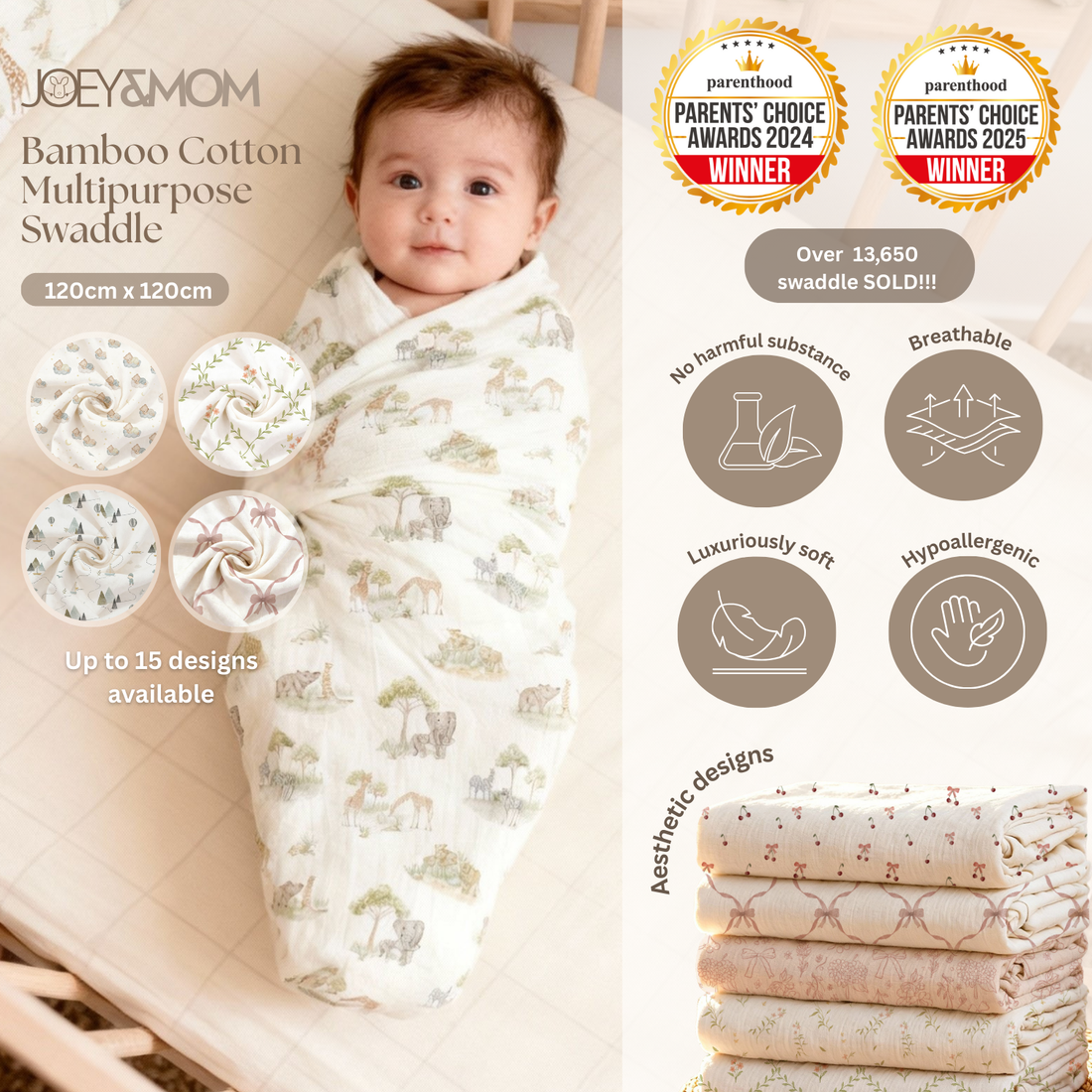 Organic Bamboo Muslin Swaddle Blanket - JOEY &amp; MOM